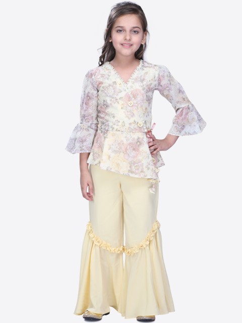 

CUTECUMBER Girls Yellow & Off-White Printed Top with Trousers