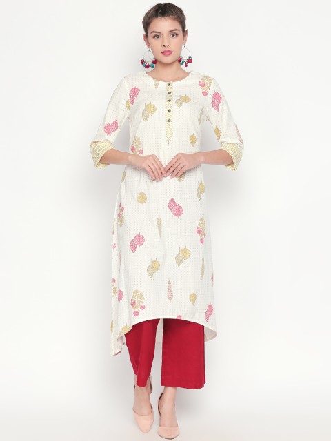 

RANGMANCH BY PANTALOONS Women White & Beige Printed Cotton Linen A-Line Kurta