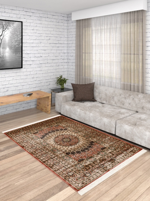 

PRESTO Beige & Brown Silk Handmade Printed Anti-skid Carpet, Multi