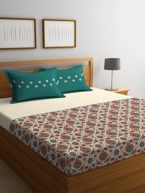 

STELLAR HOME Green & Beige Abstract 120 TC Cotton 1 Queen Bedsheet with 2 Pillow Covers