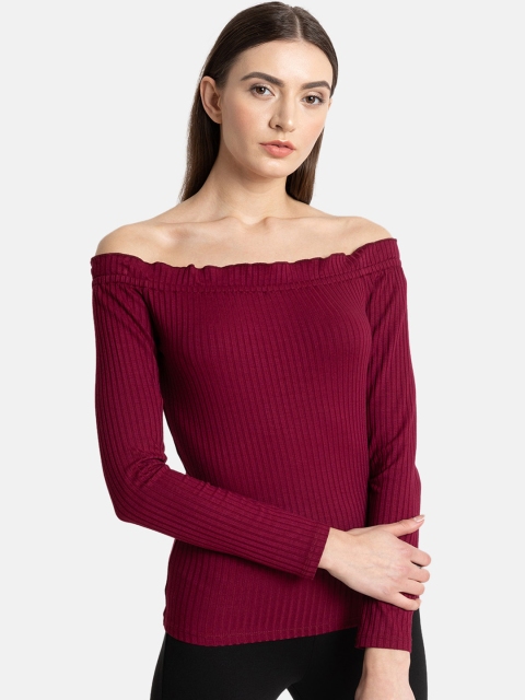 

Kazo Women Maroon Striped Bardot Top