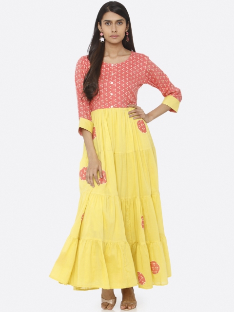 

RAISIN Women Yellow & Coral Pink Printed Yellow Maxi Dress