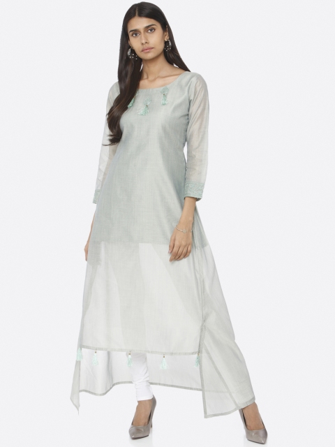

RAISIN Women Solid Mint Green Chanderi Cotton A-Line Kurta, Sea green