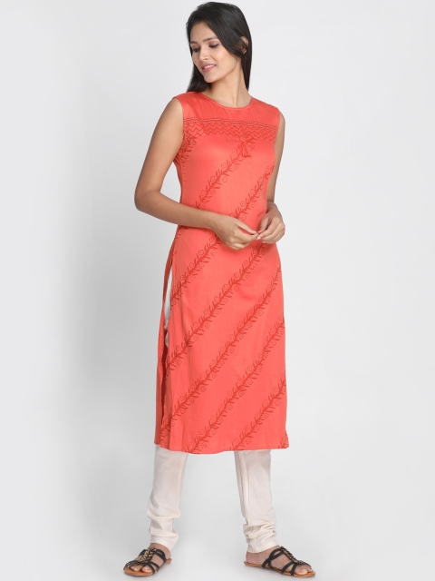 

Nakshi Women Peach-Coloured Block Printed Straight Kurta