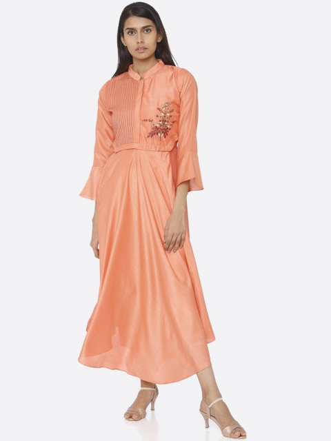 

RAISIN Women Solid Coral Orange Silk Maxi Dress
