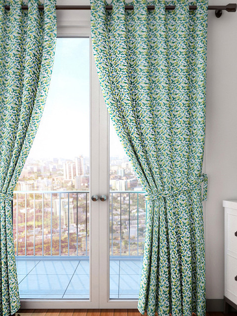 

HOUZZCODE Green & White Oh Fish Printed Single Room Darkening Long Door Curtain