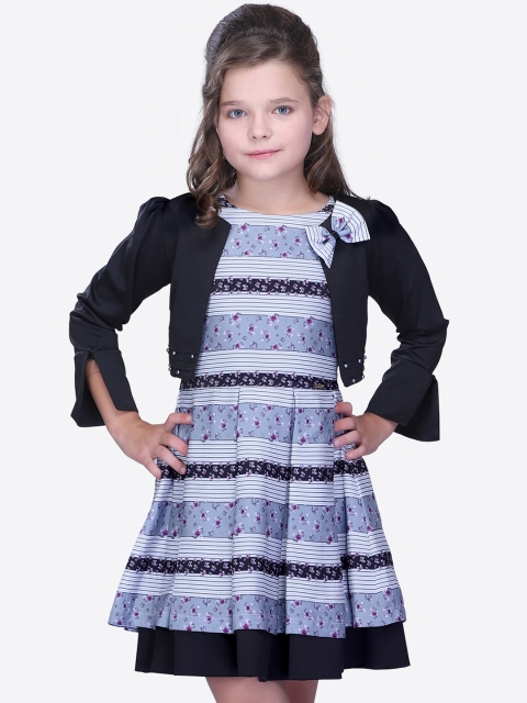 

CUTECUMBER Girls Blue & Black Striped Fit and Flare Dress with Shrug