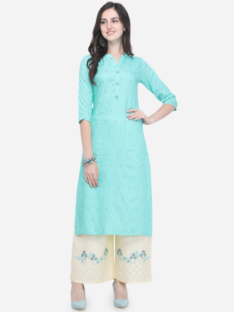

Mirchi Fashion Women Turquoise Blue Embroidered Kurta with Palazzos