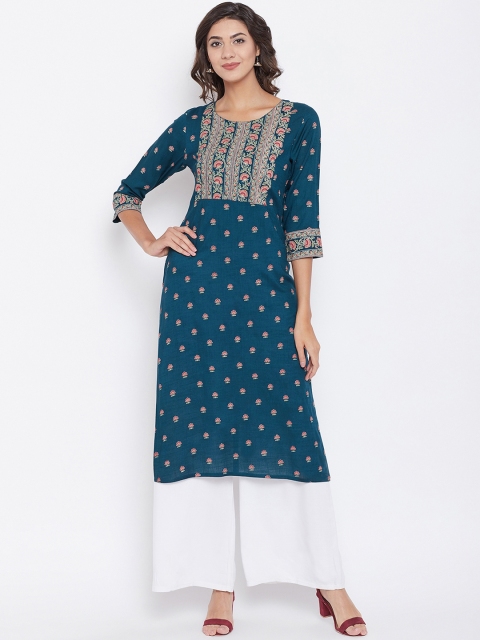 

Prakhya Women Teal Blue Printed Straight Kurta