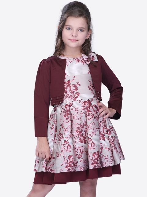 

CUTECUMBER Girls Beige & Maroon Printed Fit and Flare Dress with Shrug