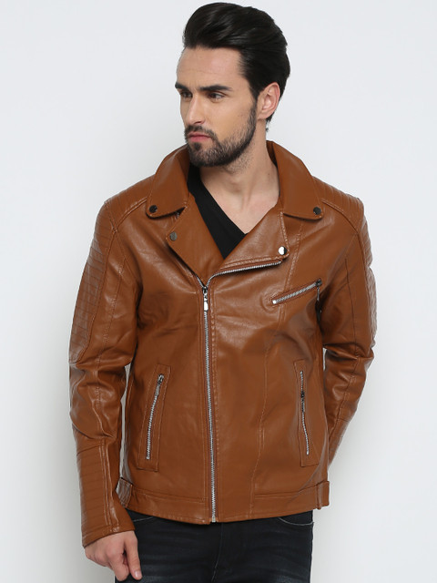 

SHOWOFF Men Brown Solid Biker Jacket