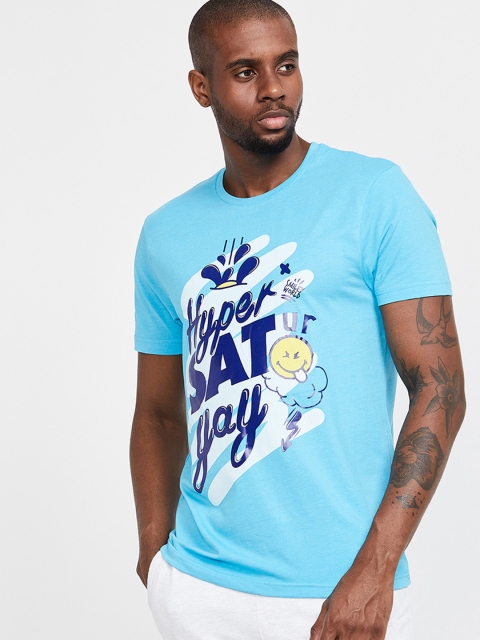 

Smiley World Men Blue Printed Round Neck T-shirt