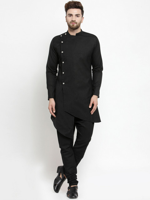 

TREEMODA Men Black Solid Straight Linen Asymmetric Kurta