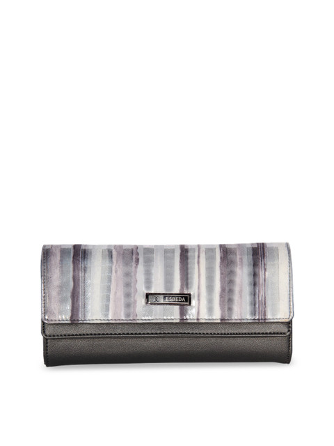 

ESBEDA Women Gunmetal-Toned Striped Three Fold Wallet, Metallic
