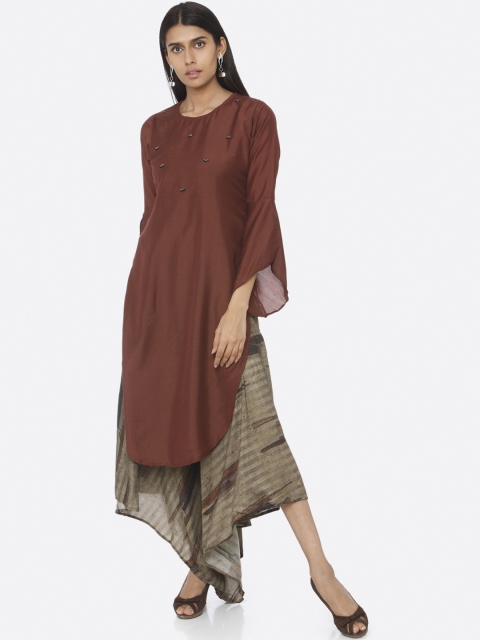 

RAISIN Women Rust Brown Solid Straight Silk Kurta