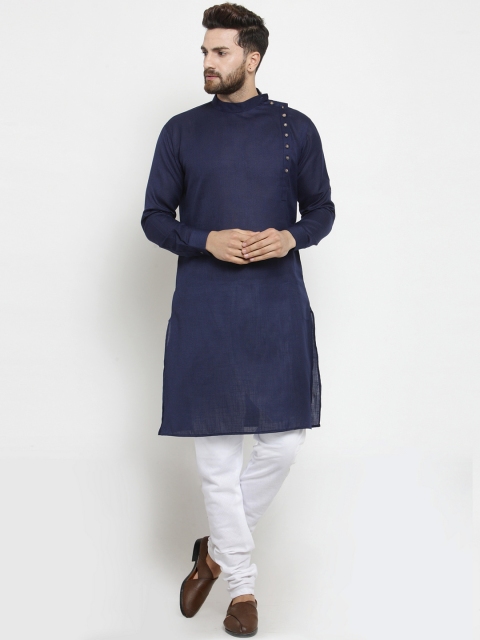 

TREEMODA Men Navy Blue Solid Linen Straight Kurta