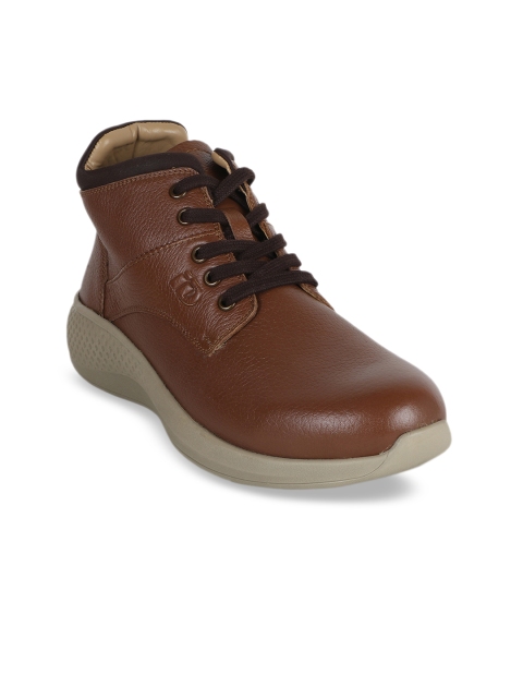 

ID Men Tan Brown Solid Leather High-Top Sneakers