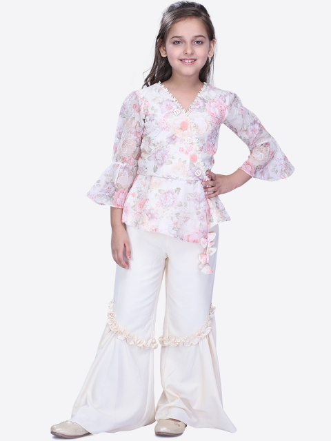 

CUTECUMBER Girls Off-White & Pink Printed Top with Trousers