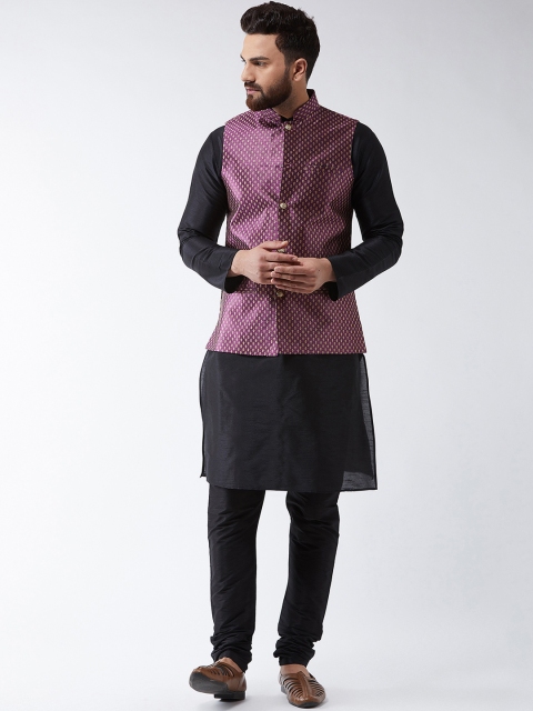 

SOJANYA Men Black & Purple Self Design Kurta with Churidar & Nehru Jacket