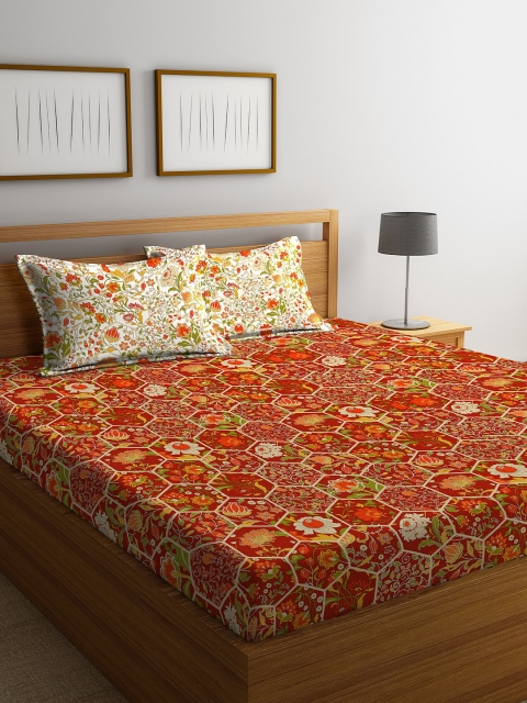 Portico New York Red Floral 144 TC Cotton 1 Queen Bedsheet with 2 Pillow Covers