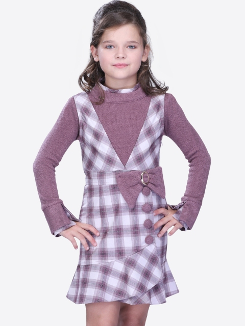 

CUTECUMBER Girls Taupe & White Checked Pinafore Dress