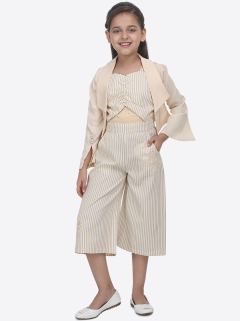 

CUTECUMBER Girls Beige & White Striped Culotte Jumpsuit With Jacket