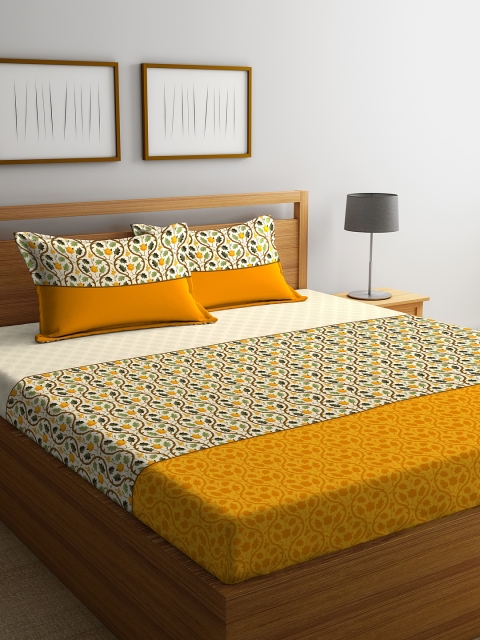 

STELLAR HOME Mustard & Beige Floral 104 TC Cotton 1 Queen Bedsheet with 2 Pillow Covers