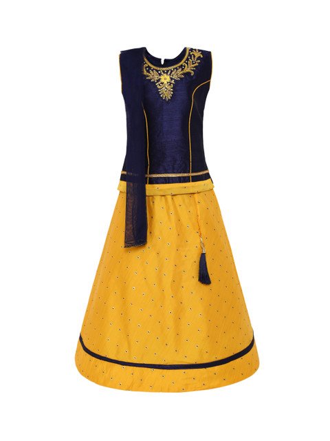 

Aarika Girls Navy Blue & Yellow Ready to Wear Silk Lehenga & Blouse with Dupatta