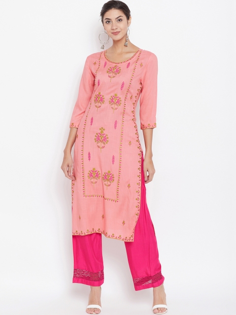 

Prakhya Women Pink & Green Embroidered Straight Kurta