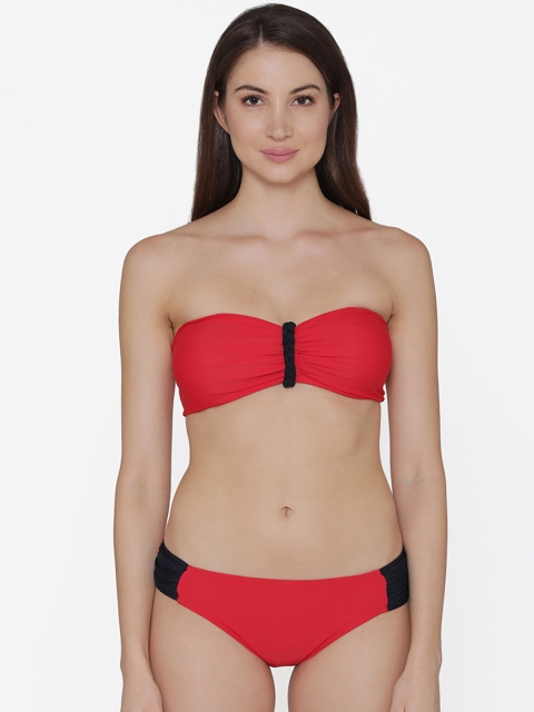 

Clovia Women Red Solid Padded Bandeau Bra with Swim Bikini Set