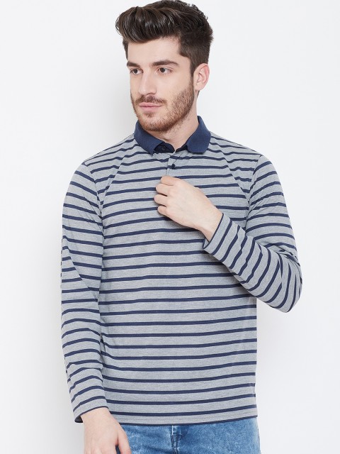 

Okane Men Grey Melange Striped Polo Collar T-shirt