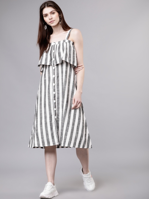 

Tokyo Talkies Women White & Black Striped A-Line Dress