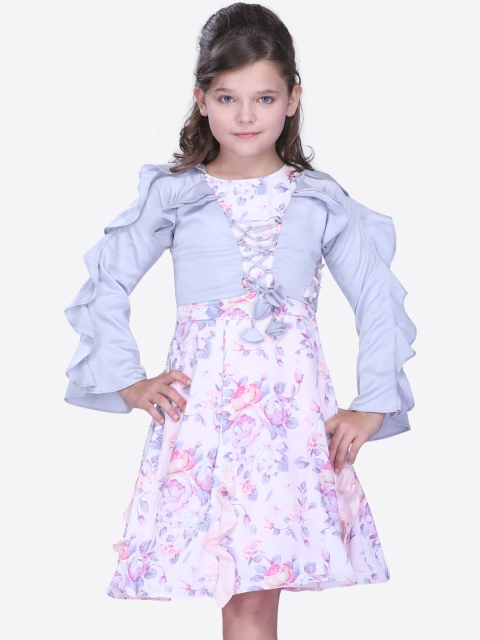 

CUTECUMBER Girls Pink & Blue Floral Printed Fit and Flare Dress