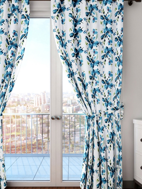 

HOUZZCODE White & Blue Chennile Floral Printed Single Room Darkening Door Curtain