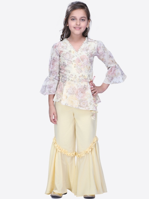

CUTECUMBER Girls Yellow & Off-White Printed Top with Trousers