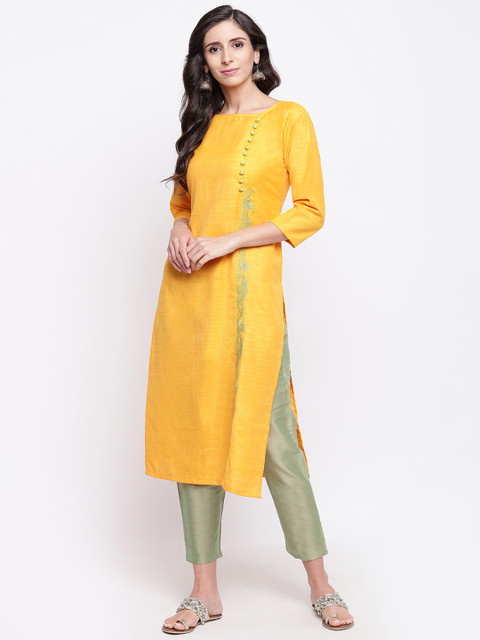 

Shakumbhari Women Mustard & Green Embroidered Straight Kurta
