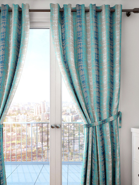 

HOUZZCODE Green & Blue Single Room Darkening Striped Curtain