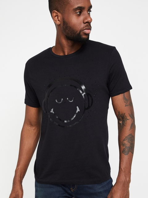 Smiley World Men Black Printed Round Neck T-shirt