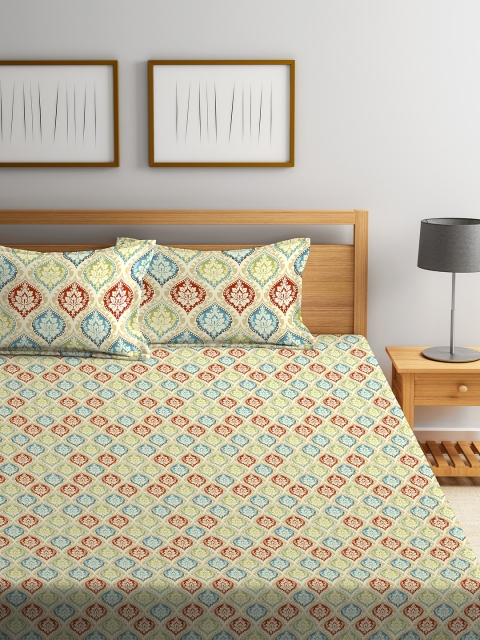 

STELLAR HOME Green & Maroon Ethnic Motifs 120 TC Cotton 1 Queen Bedsheet with 2 Pillow Covers