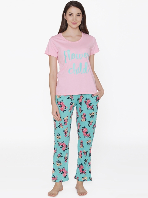 

Clovia Women Sea Green & Pink Floral Night suit LS0413A113XL