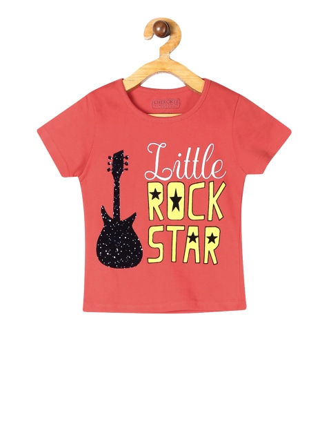 

Cherokee Girls Coral Red & Yellow Printed Round Neck T-shirt