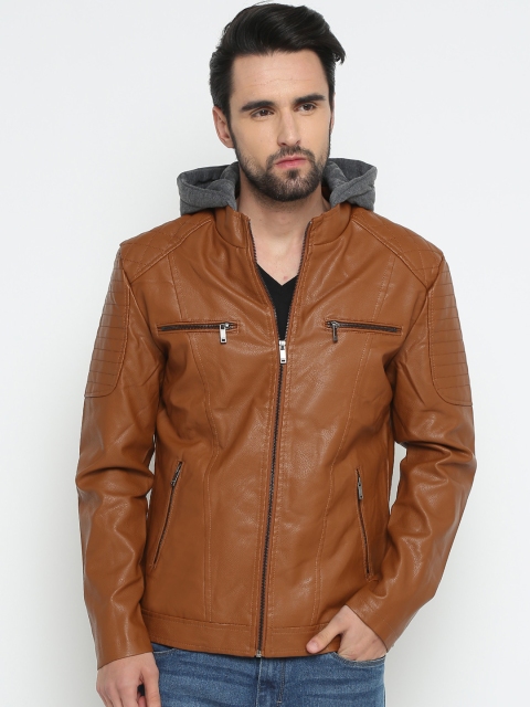 

SHOWOFF Men Brown Solid Biker Jacket