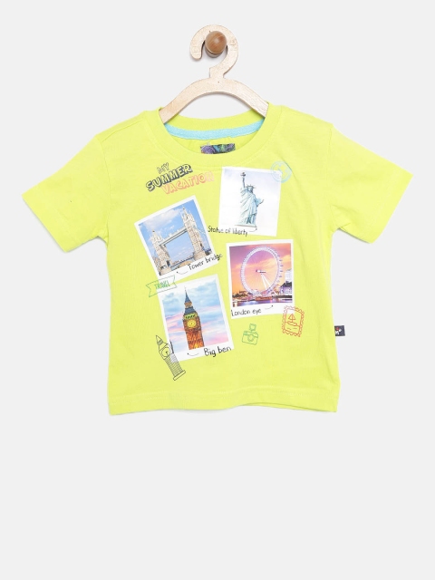 

Nauti Nati Boys Lime Green Printed Round Neck Pure Cotton T-shirt