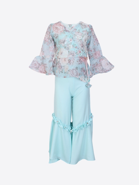 

CUTECUMBER Girls Turquoise Blue Printed Top with Trousers