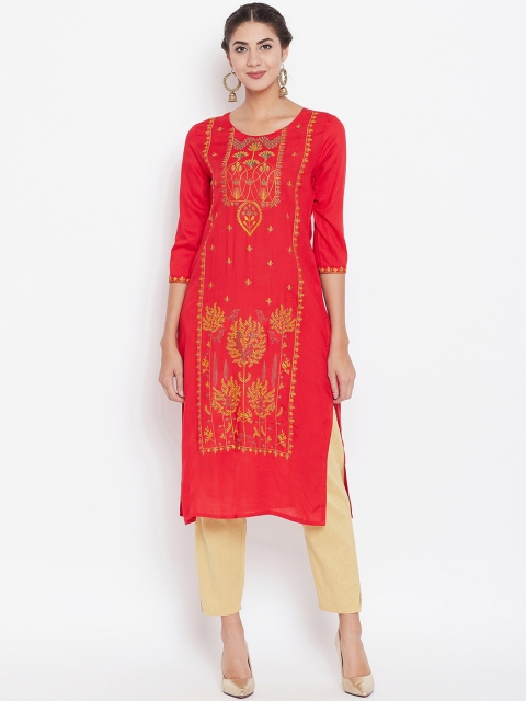 

Prakhya Women Red & Yellow Embroidered Straight Kurta