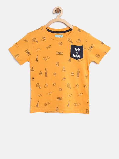 

Nauti Nati Boys Mustard Yellow Printed Round Neck T-shirt