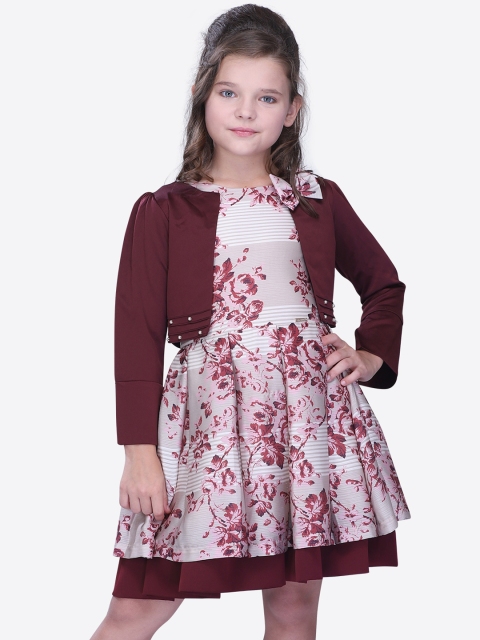 

CUTECUMBER Girls Beige & Maroon Printed Fit and Flare Dress with Shrug