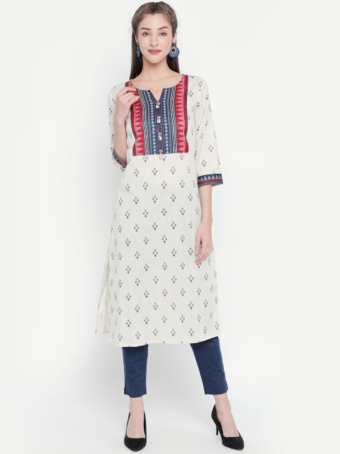 

RANGMANCH BY PANTALOONS Women Off-White & Navy Blue Printed Straight Kurta