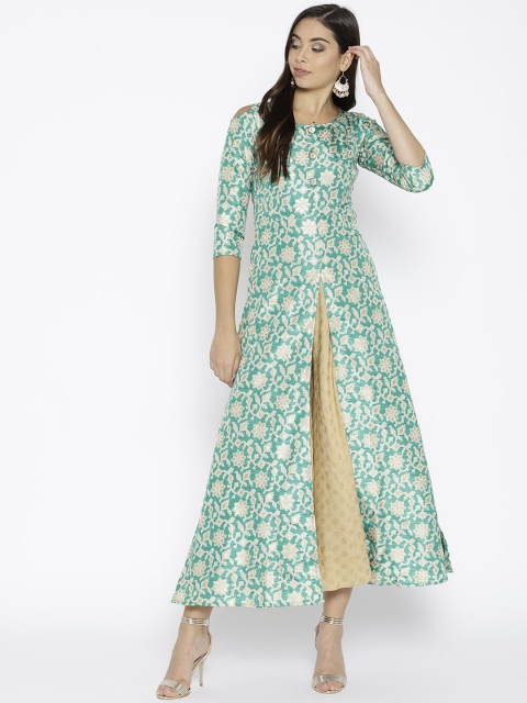 

Cottinfab Women Green & Gold-Toned Printed Straight Kurta