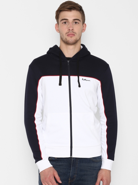 

Red Tape Men White & Navy Blue Colourblocked Hooded Sweatshirt